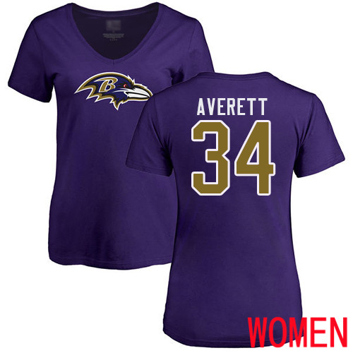 Baltimore Ravens Purple Women Anthony Averett Name and Number Logo NFL Football #34 T Shirt